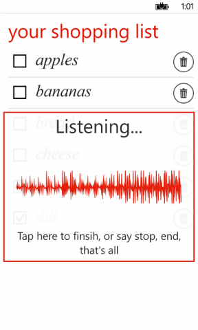 Speech Shopper rodando no seu Windows Phone