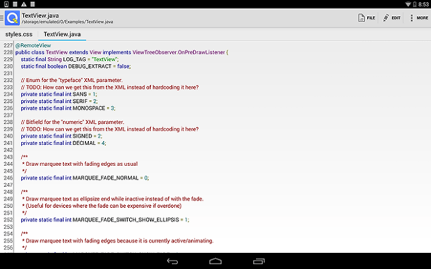 Tela de edição do QuickEdit no Android