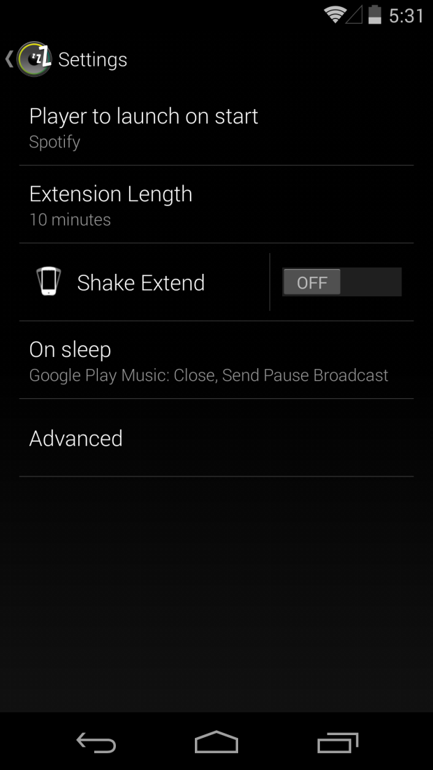 Outra tela de configurações do SleepTimer