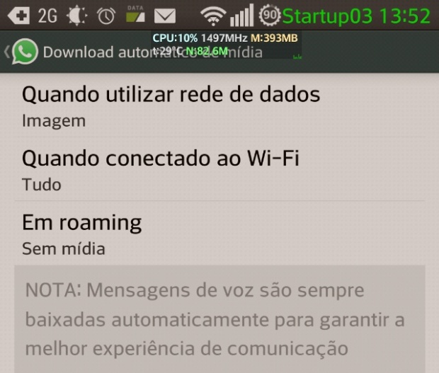 Tela de configuração do download de mídia no Whatsapp