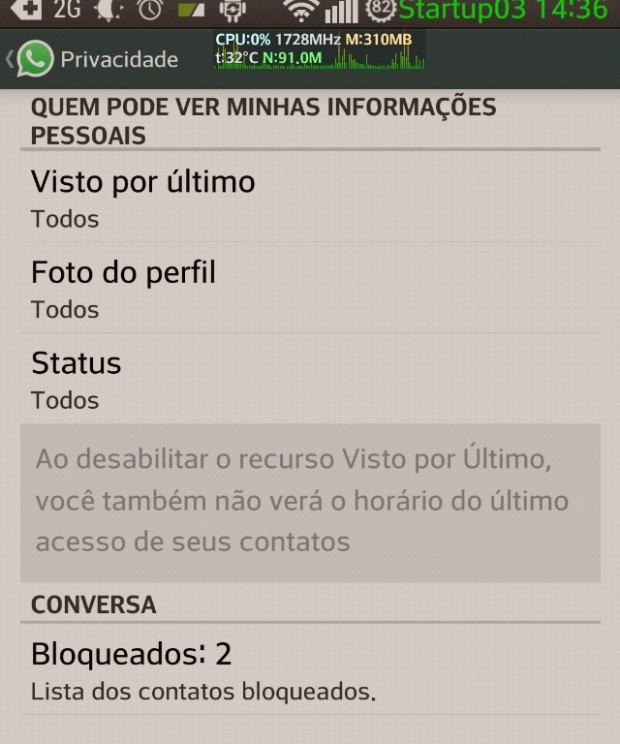 Local para desabilitar a função "Visto por último" no Whatsapp